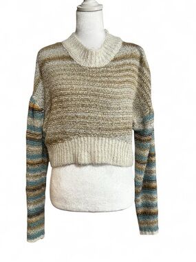 Urban Outfitters Cream Cropped Crew Sweater with Teal & Brown Stripes